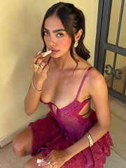 Lace Spaghetti Strap Sexy Mini Dress For Women Fashion Hollow Out Sleeveless Backless High Waist Ruffled Dress Elegant voguable