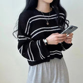 Pullover Women Striped Knit Sweater Comfy Lightweight Long Sleeve Crew Neck Jumper Female Teen-girl Casual Daily Outfit voguable