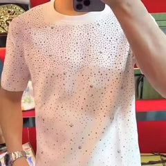 Men's T-shirt Summer High Quality Round Neck with Hot Diamond Pentagram Printing Trend Slim Fit Cotton Black Short Sleeve Tee voguable