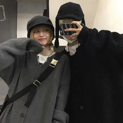 Woolen clothes men's trend ins Korean version all-match solid color big button knitted cardigan sweater jacket for men and women voguable