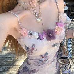 Voguable Sweet Floral Party Mini Dress Women Summer New Korean Printing Floral Y2k Dress Female Slim Chic Strap Beach Designer Dress 2024 voguable