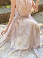 Women's French Floral Print Halther Dresses Summer Elegant V-Neck Slim Lace-up Midi Dress Sexy Beach Holiday 2025 New Fashion voguable