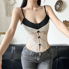 Voguable Korean Style Contrast Lace Patchwork Bodysuit Women Sexy Multi Bows Hollow Out Sleeveless Bodysuits Y2K Translucent Top voguable