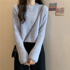 Fuzzy Knit Top Women Pullover Long Sleeve Plain Crop Sweate Pink Fluffy Jumper for Women Teen-girl Fall Winter Y2K Outfit voguable
