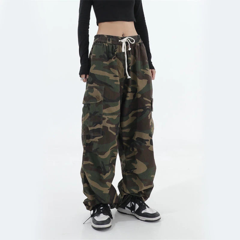 100% Pure Cotton Camo Cargo Pants Women Y2K Vintage Streetwear Joggers Sweatpants Bf Oversized Loose Hip Hop Wide Leg Trousers voguable