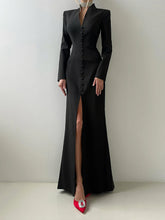 Voguable Single-Button Maxi Dress Women Front Split Full Sleeve v-Neck Elegant Classic Office Streetwear Fashion Slim Vestidos voguable