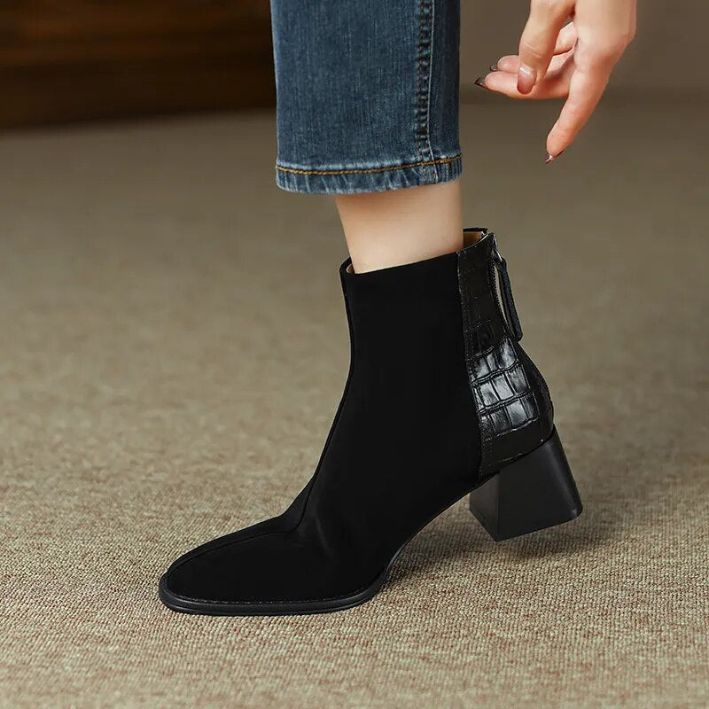 NEW Fall Shoes Women Sheep Suede Short Boots Square Toe Chunky Heel Boots for Women Winter Mature Women Boots Solid Modern Boots voguable