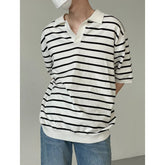 Korean Style High Quality Summer Lapel Polo T Shirt for Men Striped Knitted Top Casual Loose Men's Short Sleeve Tee Polo Shirt voguable