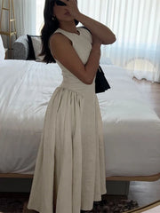 Sexy Hollow Out Solid Long Dress For Women Elegant O Neck Cut Out Zipper Sleeveless Maxi Vestidos 2024 Summer Lady Street Robes voguable