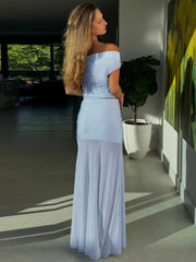 Blue Mesh Sexy Skirt Two Piece Sets Women Strapless Crop Tops And Maxi Skirt Ladies Fashion Elegant 2 Piece Sets voguable