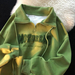 Voguable Green Vintage Zipper Draw String American Hiphop Sweatshirt Women Long Sleeve Pullover New Spring Loose Ins Thin High Street Top voguable