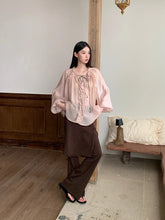 Fall 2025 Fashion Woman Ruffle Lantern Sleeve Sheer Blouse Women V Neck Bandage Oversize Top Designer Fashion Clothes voguable