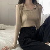 Autumn Winter Women Lapel Pullover Sweaters Basic Long Sleeve Knitted Sweater for Woman Solid Color Jersey Tops Clothes Mujer voguable