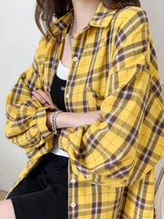 Voguable Fashion Plaid Women Shirt Fashion Korean Oversize Tops Harajuku Daily All-match Long Sleeve Chic Female Yellow Shirts New voguable