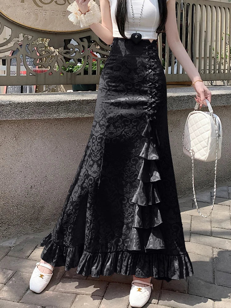 Print Vintage Long Skirt Women Casual Ruffles England Sweet Trumpet Skirts Retro Lace Up Elegant Female Design Long Skirt voguable