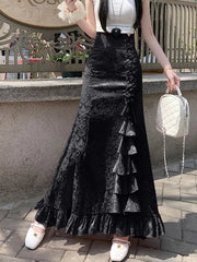 Print Vintage Long Skirt Women Casual Ruffles England Sweet Trumpet Skirts Retro Lace Up Elegant Female Design Long Skirt voguable