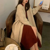 Voguable Korean Medium Length Pink Retro Loose Fit Knit Cardigan Autumn Winter Casual Fried Dough Twists Thick Lazy Style Sweater Coat voguable