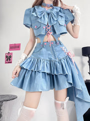 Voguable 3 Piece Y2K Kawaii Denim Skirts Sets Korean Ruffle Bow Bandage Spaghetti Straps Tops Irregular Mini Skirts Women Jeans Suits voguable