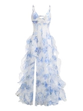 New Sexy Sleeveless V Neck Printed Ruffles Long Dress Women Spaghetti Strap Floral Printing Split Dress Holiday Party Sundress voguable