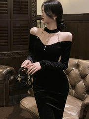 Autumn Solid Vintage Women Party DressesVintage Halter Long Sleeve Mermaid Dress Elegant Off Shoulder Midi Evening Vestidos voguable