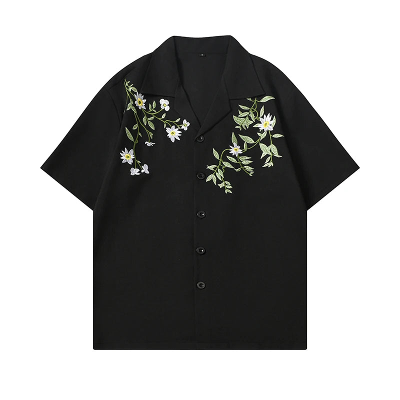 Dark Icon Embroidery Cool Material Men's Shirt Short Sleeve Hawaii Beach Shirts Black Beige voguable
