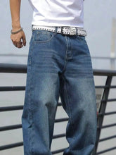 Voguable 1pc Men's American Vintage Washed Distressed Straight Leg Loose Casual Baggy Jeans voguable