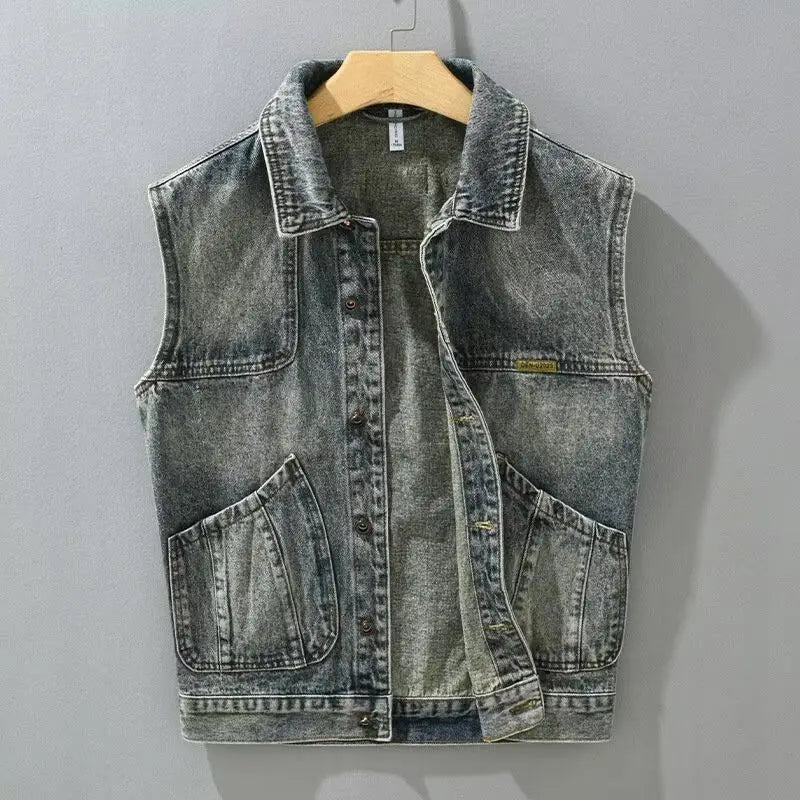 Voguable Retro Color Blocked Denim Vest Jacket Men's Korean Version Loose Straight Tube Sleeveless Outer Jacket Vest Top voguable