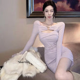 Voguable Sexy Purple Long Sleeve Women's Bodycon Dress Elegant Autumn Winter Fashion Waist Hip Wrap Mini Knitted Dress Female Clothing voguable