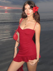 Spaghetti Strap Ruffled Sexy Mini Dress For Women Red Fashion Sleeveless Backless High Waist A-line Club Party Dress voguable