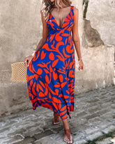 Voguable Summer New Micro Elastic A-line Skirt Bohemian Retro Resort Plant Print Sleeveless Dress voguable