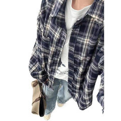 Vintage Plaid Shirt Women Loose Casual Medium Length Preppy Style Shirts Fashion Single Breasted Lapel Pocket Oversize Shirts voguable
