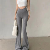 Voguable American Korean Knitted Bell-bottom Pants Women Autumn High Waist Straight Wide-leg Slim Slightly Flare Casual Floor Trousers voguable