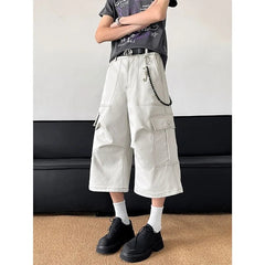 Summer Casual Pants Men Retro Pocket Cargo Pants Men Japanese Streetwear Hip-hop Loose Wide Leg Pants Mens Cropped Trousers voguable