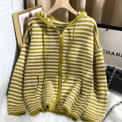 Autumn Winter Red Stripes Hooded Knit Cardigan Woman Korean Fashion Loose Casual Sweater Zipper Coat Oversized Long Sleeve Top voguable