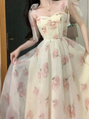 Voguable Sweet Elegant Floral Strap Dress Women Causal Fashion Korean Long Fairy Dresses Female Summer One Piece Dress Chic Evening Party voguable