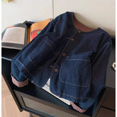 Voguable Vintage Denim Jacket Women Harajuku Plaid Patchwork Jeans Coats Spring Autumn Korean Long Sleeve Pockets Casual Outerwears New voguable