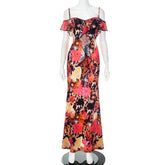 Spaghetti Strap Floral Print Sexy Maxi Dress Women Gown Fashion Off-shoulder Strapless Sleeveless Printed Long Dress voguable