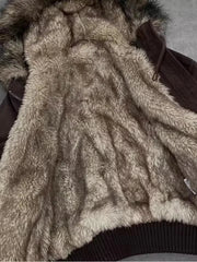 American Vintage Y2K Fur Lined Bomber Jacket Womens Brown Hooded Coat with Faux Fur Trim and Ribbed Cuffs Fashionable and Casual voguable