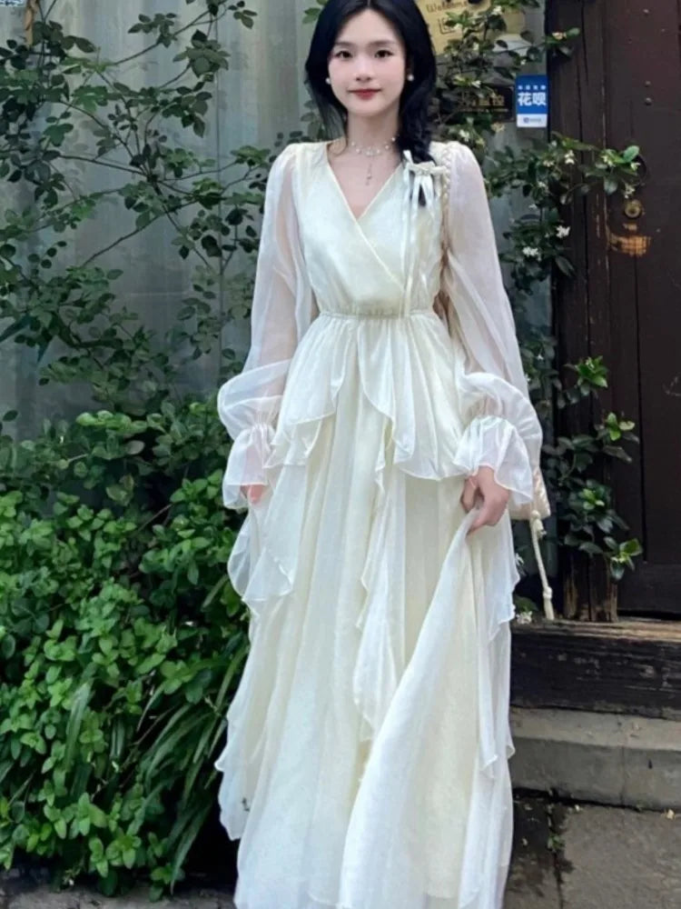 French Fairycon Ruffles Dresses For Women's 2025 New Summer Fashion V-Neck White Long Puff Sleeve Dress Holiday Beach Vestiods voguable