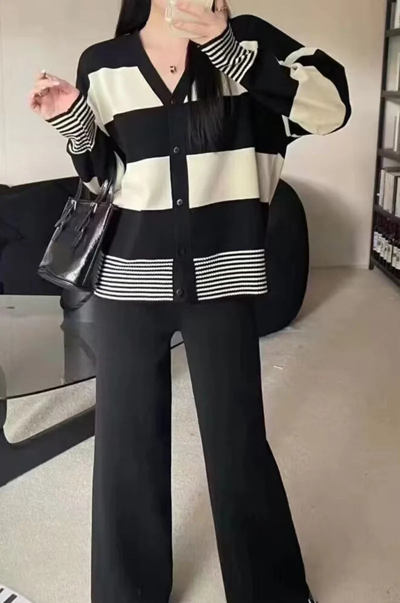 Spring New Women Sweater Set Casual Cardigans Suits Winter Knitted Loose Long Sleeve Striped Patchwork Tops Wide Leg Pants voguable