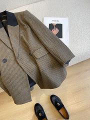 Houndstooth Faux Wool Blazer Women Autumn Korean Loose Double-Breasted Casual Coat Y2K Female Long Sleeve Lapel Suit Jacket new voguable