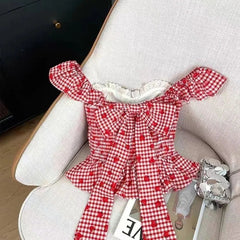 Voguable Gentle Cute Print Strawberry Fresh Ropa Mujer Sweet French Age Reduction Bow Slim Blusas Plaid Short Lace Patchwork Shirt voguable