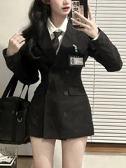 Voguable Black Korean Two Piece Dress Set Women Casual Polo Blouse + Dress Coat Set Female Slim Vintage Elegant Dress Suit 2024 New voguable