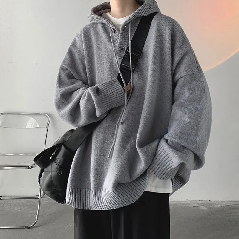 Voguable Men Pullover Hoodie Korean Style Classic Solid Color Casual Hoodies Oversized Loose Hooded Knitwear Men Knitted Pullovers voguable