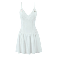 Floral Embroidery Lace Spliced Spaghetti Straps Dress Women V Neck A-line Mini White Knit Sexy Dresses Summer Robe