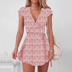 Women Dresses Summer Sexy V Neck Floral Print Boho Beach Dress Ladies Short Sleeve A Line Mini Dress Sundress Robe voguable