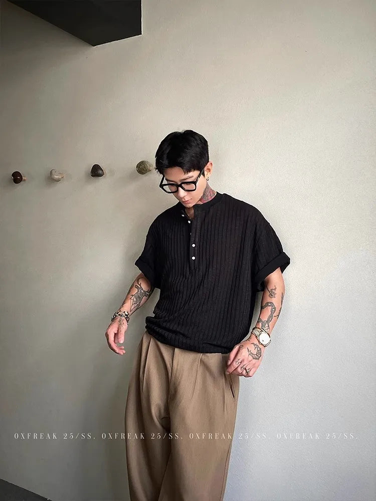 American High-end Henry Neck Short-sleeved T-shirt Men's Korean Hip Hop Tees 2025 Summer New Loose V-neck Trendy Cityboy Top voguable