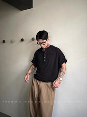 American High-end Henry Neck Short-sleeved T-shirt Men's Korean Hip Hop Tees 2025 Summer New Loose V-neck Trendy Cityboy Top voguable