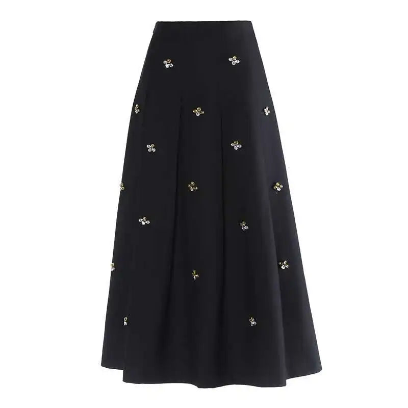 French Solid Ruffled Skirt Diamonds For Women High Wasit Causal Loose Mid Length Skirts Female Fashion New voguable