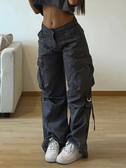 Voguable  Cargos Style Parachute Pants Low Waist Women Joggers Harajuku Pockets Baggy Wide Leg Trousers y2k Streetwear Casual voguable